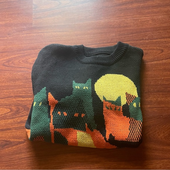 Black Knitted Cat Sweater With Green & Orange Cats - Picture 7 of 7